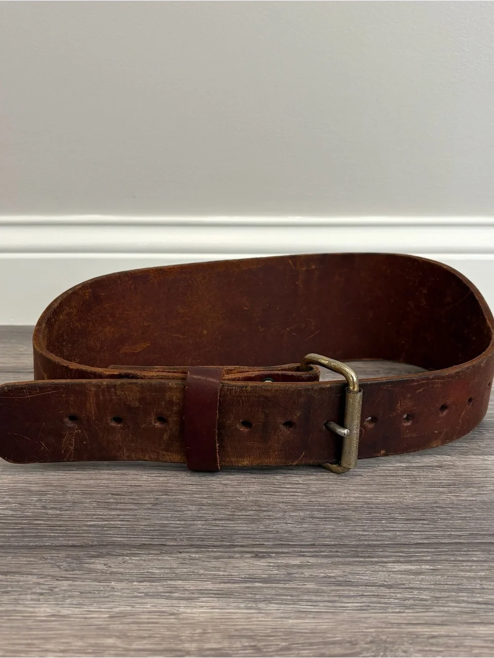 Vintage Thick Brown Leather Weightlifting Powerlifting Belt Brass Buckle